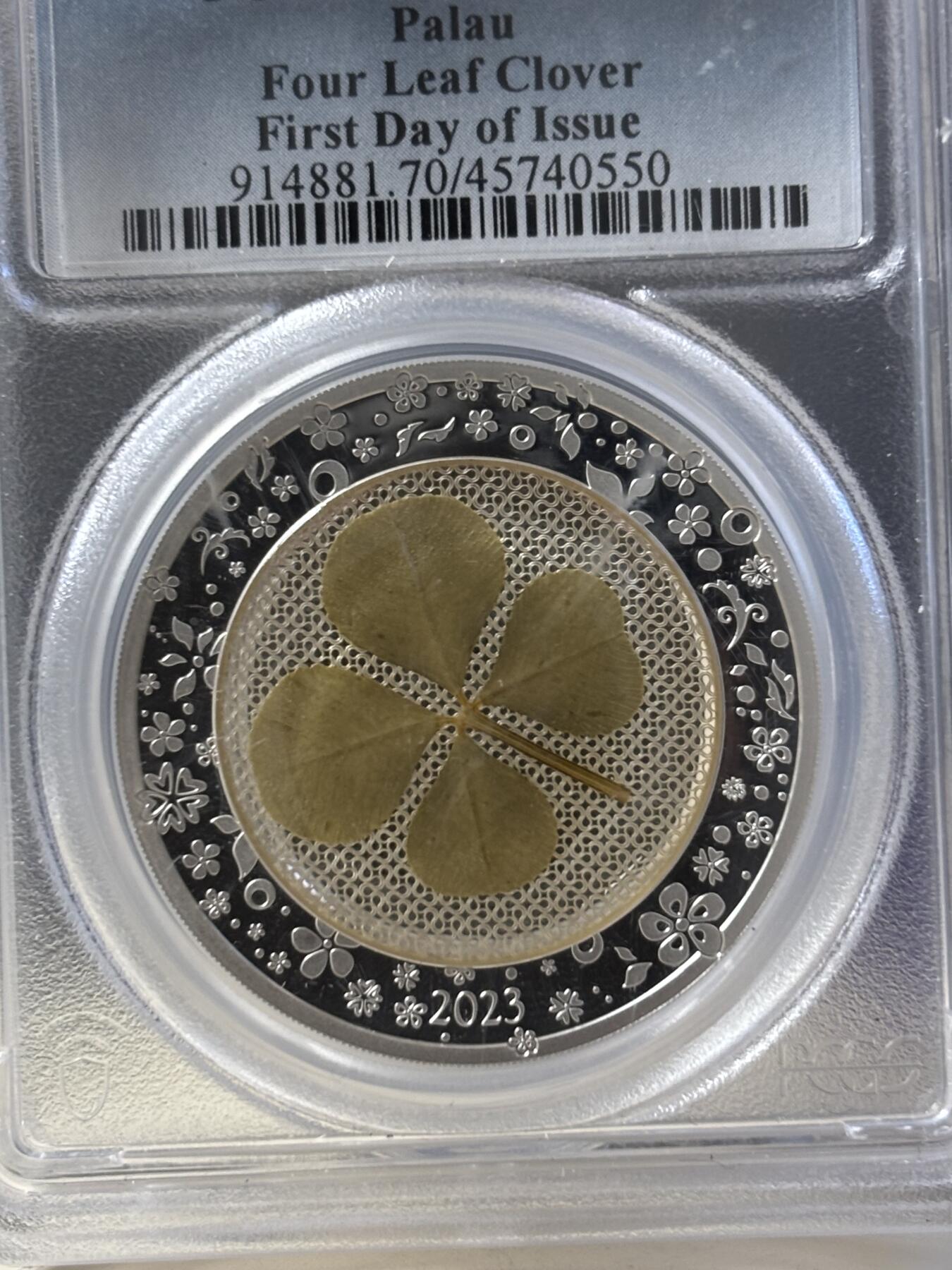 第182期拍卖 帕劳2023年幸运钱币系列镶嵌幸运四叶草纪念银币PCGS-PR70首无盒无证书，999银，发行2023枚