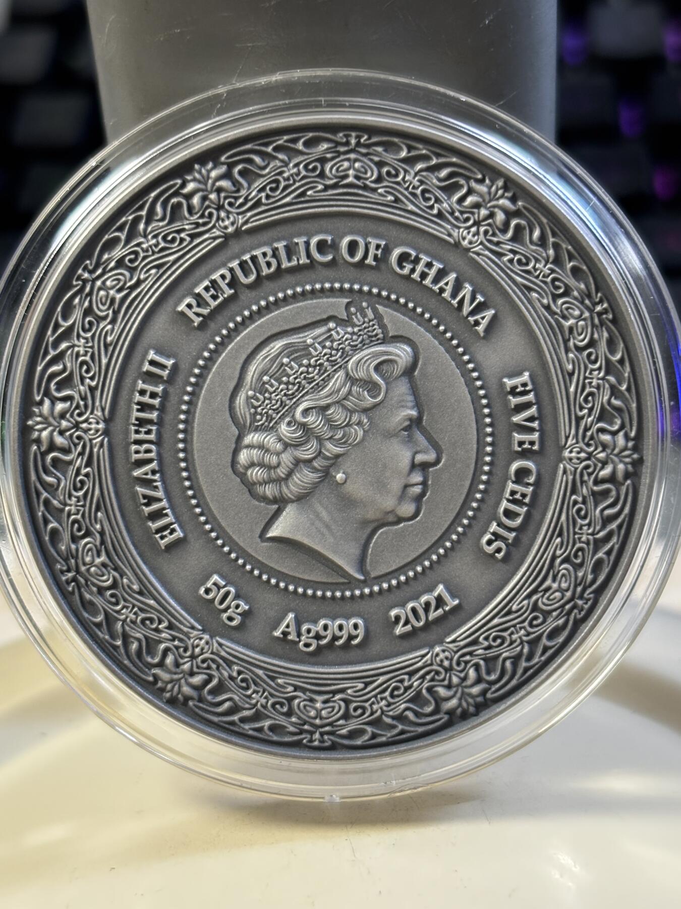 第182期拍卖 加纳2021年穆夏健康女神Ziva彩色50克仿古纪念银币，999银，发行500枚