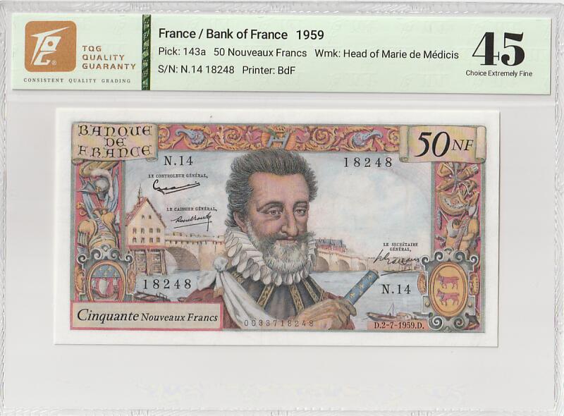 2025十一月第五期，总第203期 法国1959年50新法郎TQG45分，1957年法国宣布币制改革，100旧法郎等于1新法郎，以仁慈和开明著称的国王亨利四世主题，此面值作为次高面值是当年的“大票”，故发行量少又回收彻底，故而稀有
