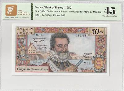 2025十一月第五期，总第203期 - 法国1959年50新法郎TQG45分，1957年法国宣布币制改革，100旧法郎等于1新法郎，以仁慈和开明著称的国王亨利四世主题，此面值作为次高面值是当年的“大票”，故发行量少又回收彻底，故而稀有