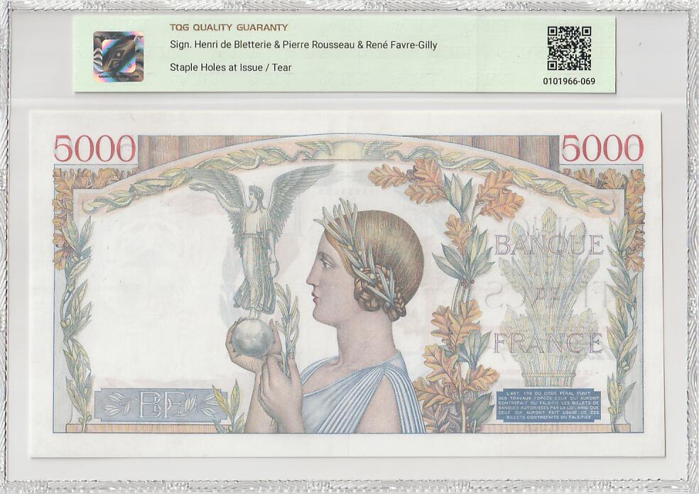 2025十一月第五期，总第203期 法国1939年5000法郎TQG45分无47，手拿橄榄枝和神像的法兰西女神“玛丽安娜”正反双面对印，经典的大票幅设计