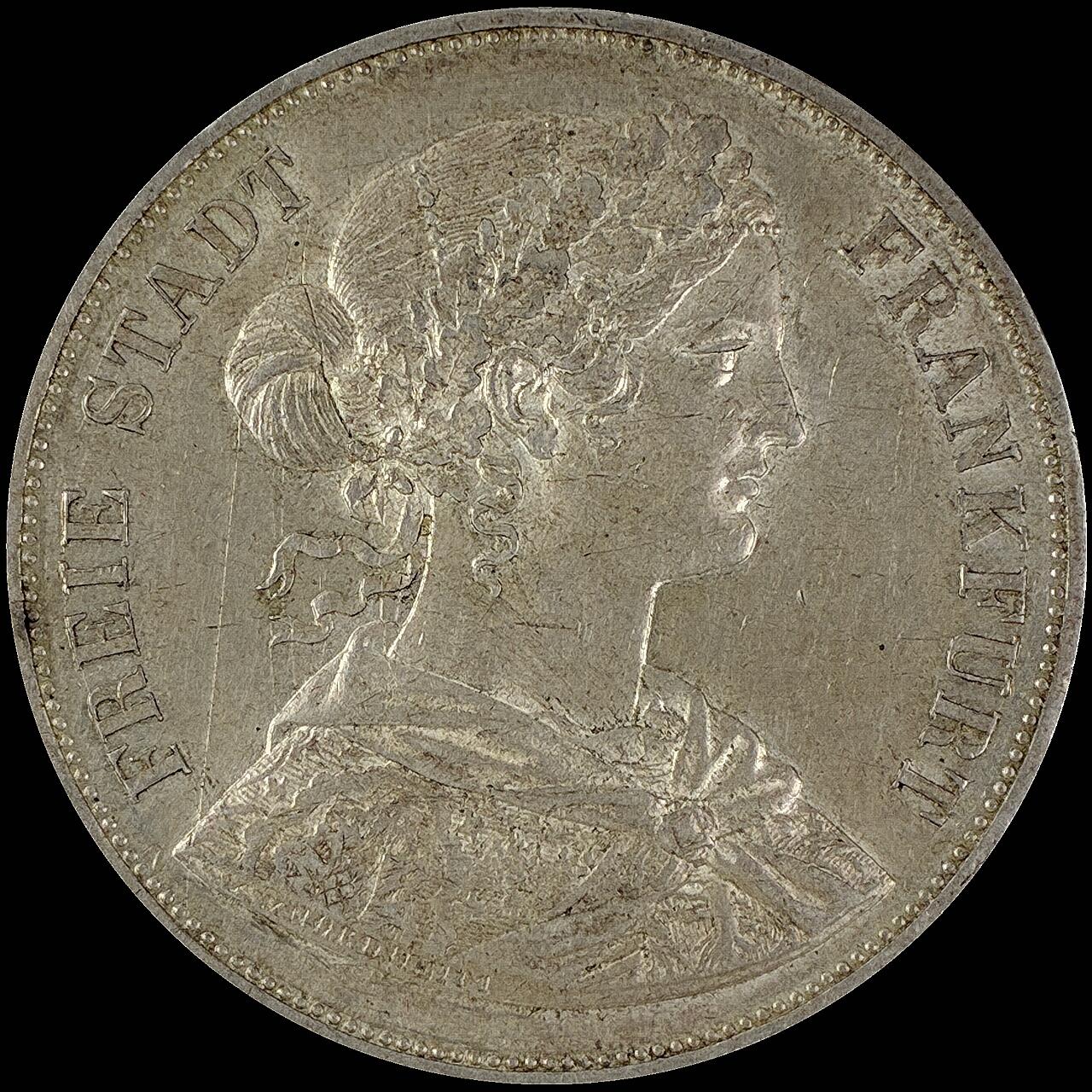 【雨安】【直播拍卖】【世界币章115期-裸币】2025-11-21 周五 19:30 保真 [裸币德国] Germany 德国 德意志 2泰勒 Frankfurt法兰克福 Thun.145 KM#0365 (1860-1866) 法兰克福少女 1860年