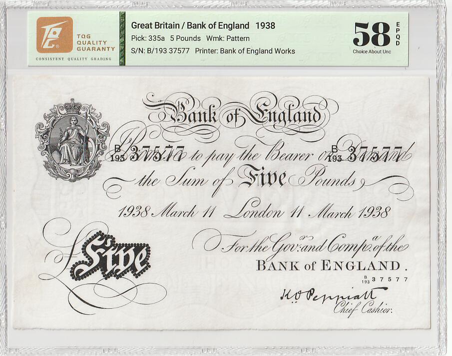 2025十一月第五期，总第203期 英格兰1938年5镑TQG58epqd，作为知名度极高且经典的“白色英镑”，是当年财富的象征，虽然设计简洁但水印和油墨的防伪细致，二战前发行年份更加稀有，是不可错过的经典英镑品种