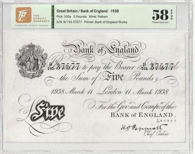 2025十一月第五期，总第203期 - 英格兰1938年5镑TQG58epqd，作为知名度极高且经典的“白色英镑”，是当年财富的象征，虽然设计简洁但水印和油墨的防伪细致，二战前发行年份更加稀有，是不可错过的经典英镑品种