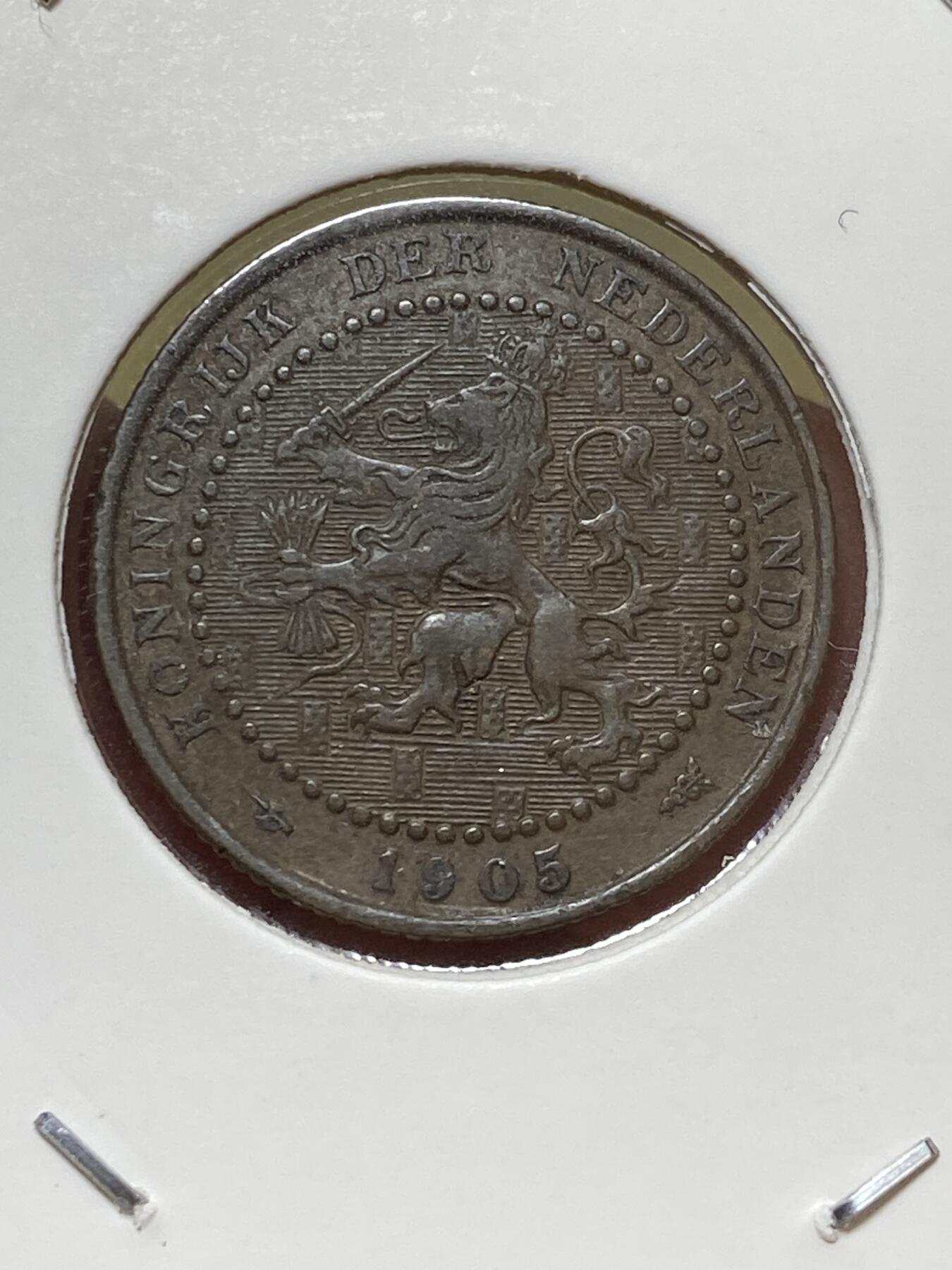 2025年第一百三十一场(总第一百五十七场）外国好品纸夹散币场(免佣金) 流通好品–荷兰🇳🇱1905年1分(威廉明娜女王第四版，Halberd–长戟标)