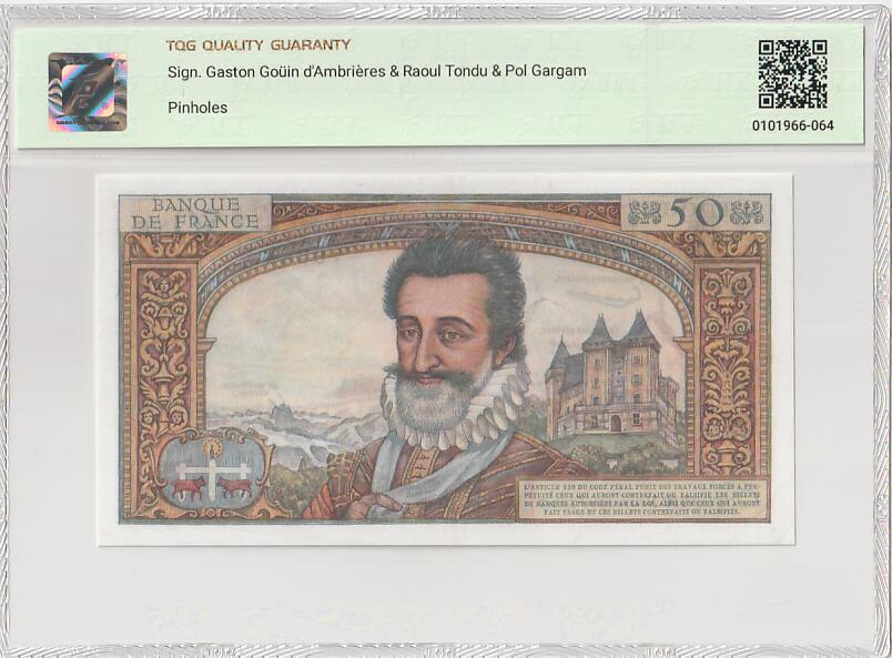 2025十一月第五期，总第203期 法国1959年50新法郎TQG45分，1957年法国宣布币制改革，100旧法郎等于1新法郎，以仁慈和开明著称的国王亨利四世主题，此面值作为次高面值是当年的“大票”，故发行量少又回收彻底，故而稀有