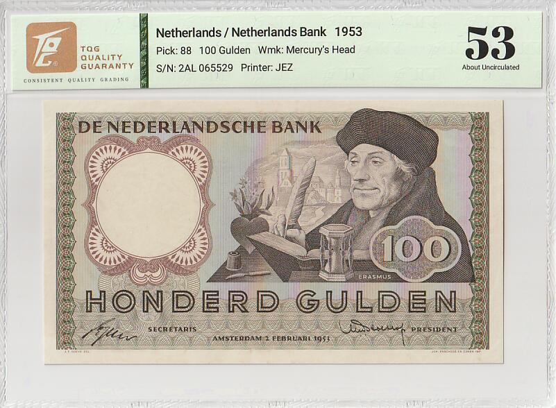 2025十一月第五期，总第203期 荷兰1953版100盾TQG53分无47，哲学家伊拉斯谟