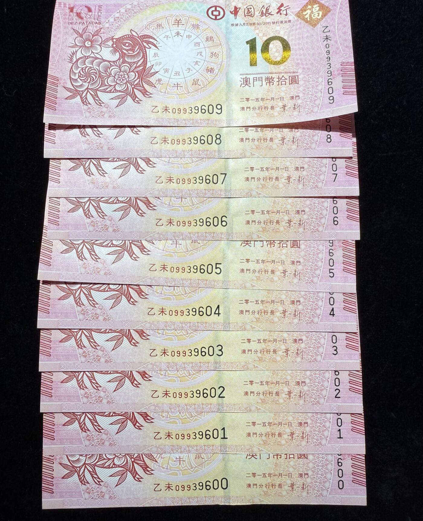 倒字号2015年中银羊钞标十，全新无班，售200元/單组