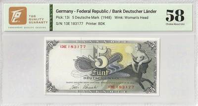 2025十一月第五期，总第203期 - 德国1948版5马克TQG58分，骑牛女神，后期印刷批次