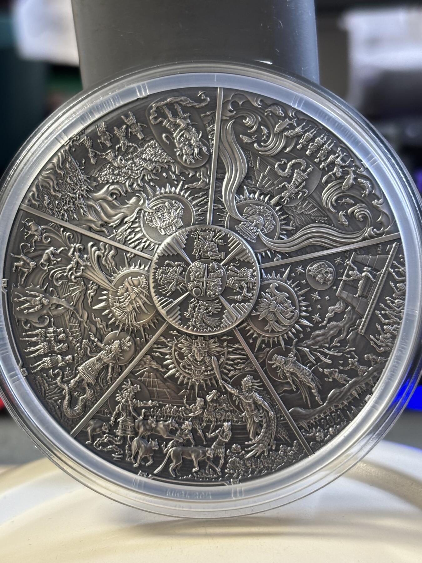 第182期拍卖 帕劳2021年人类创造世界系列1阿兹特克五太阳3盎司银币，999银，发行333枚