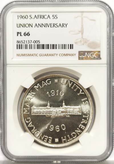 博洋堂世界钱币拍卖第147期（全场包邮） - NGC PL66 英属南非1960年伊丽莎白二世5先令大银币 联邦成立50周年纪念 高分好品 低评