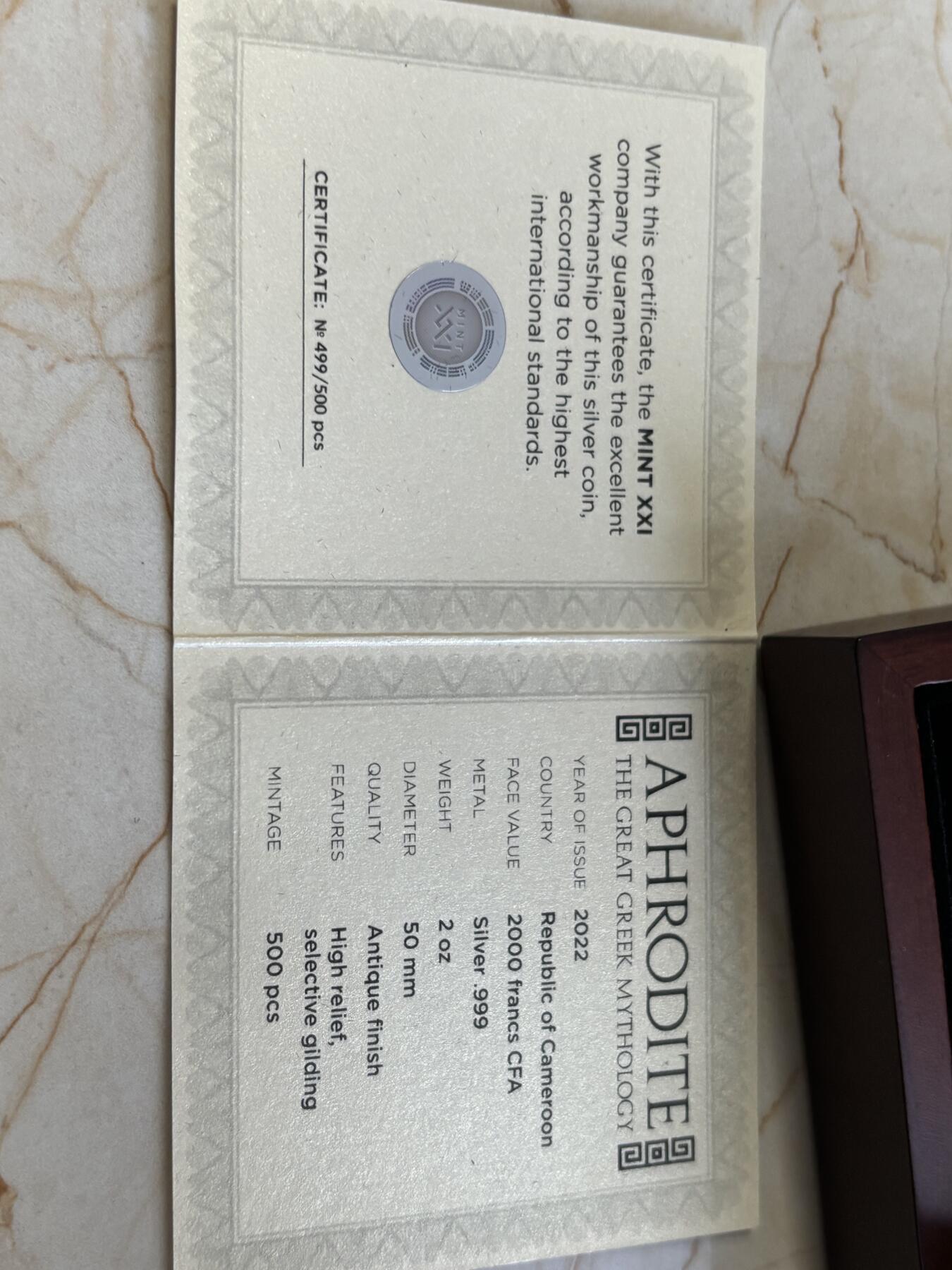 第182期拍卖 喀麦隆2022年希腊神话爱神阿芙罗狄蒂2盎司纪念银币，999银，发行量500枚，