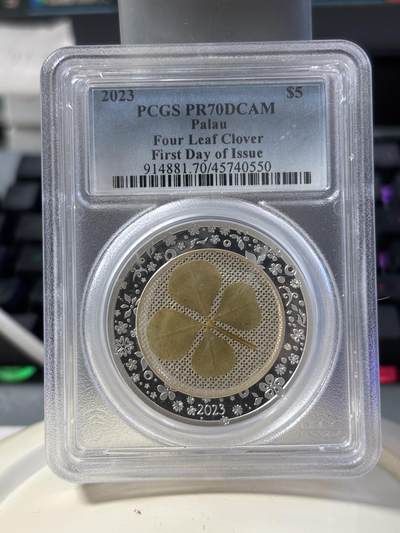 第182期拍卖 - 帕劳2023年幸运钱币系列镶嵌幸运四叶草纪念银币PCGS-PR70首无盒无证书，999银，发行2023枚