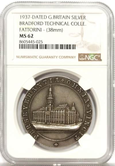 博洋堂世界钱币拍卖第147期（全场包邮） - NGC MS62 英国1937年布莱德福技术学院大银章，38mm个头不小了，学院风景建筑系列。