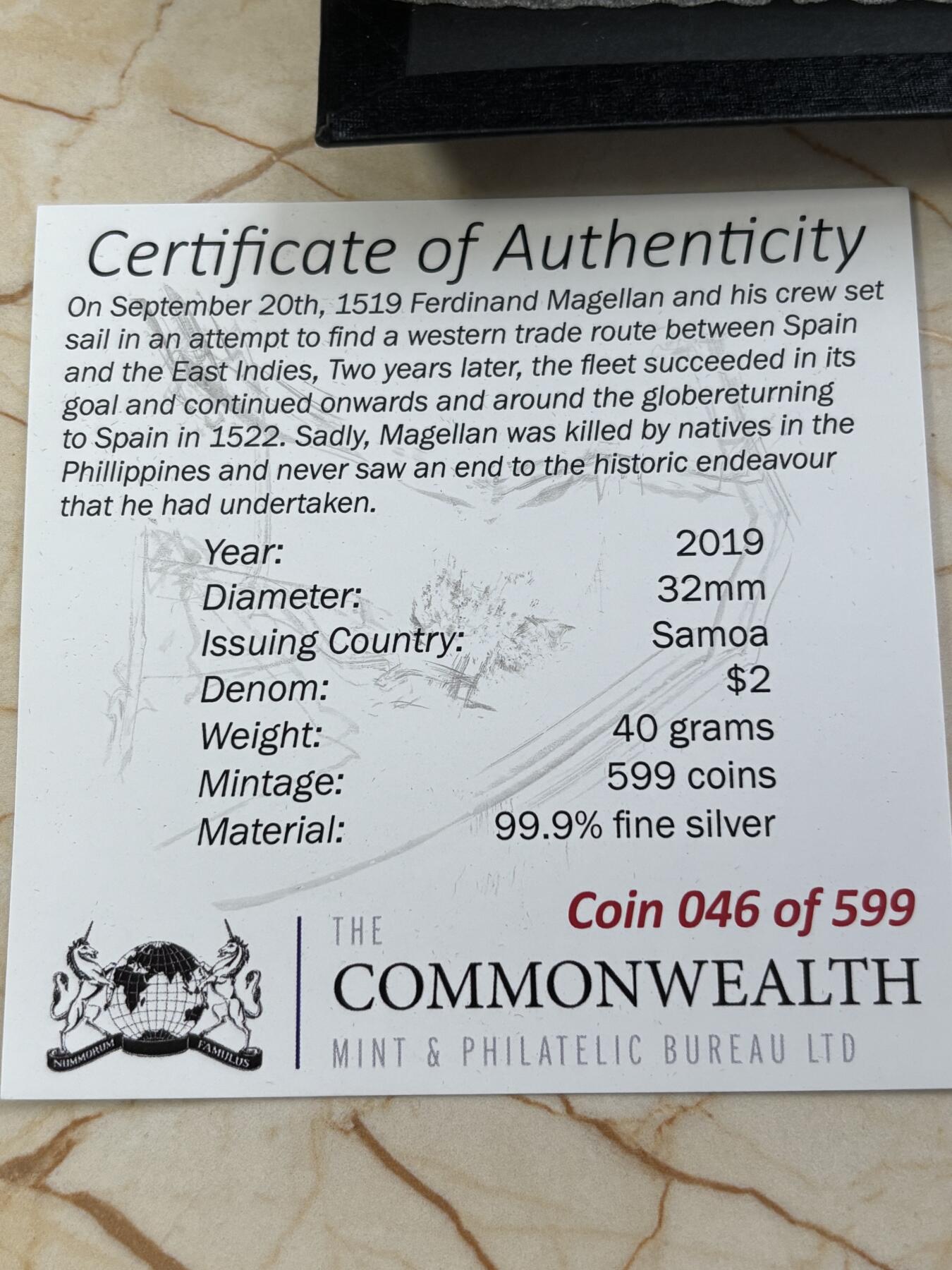 第182期拍卖 萨摩亚2019麦哲伦环球航海500周年凹面弧形银币，999银，40克，发行量599枚，有氧化