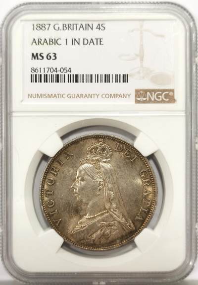 博洋堂世界钱币拍卖第147期（全场包邮） - NGC MS63 英国1887年4先令银币 又称双弗洛林 BU63分 高性价比之选 双面淡色包浆