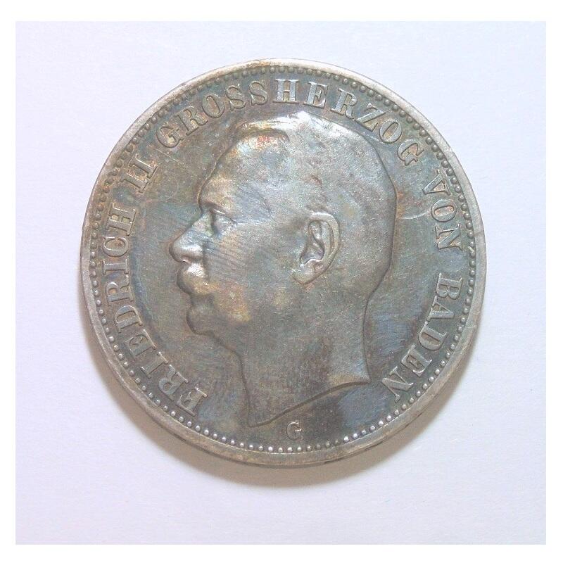 【银】德国巴登1914年 腓特烈二世3马克银币 难得酱五彩爽品