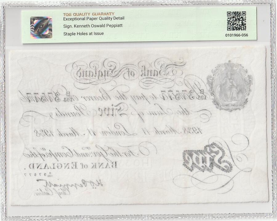 2025十一月第五期，总第203期 英格兰1938年5镑TQG58epqd，作为知名度极高且经典的“白色英镑”，是当年财富的象征，虽然设计简洁但水印和油墨的防伪细致，二战前发行年份更加稀有，是不可错过的经典英镑品种