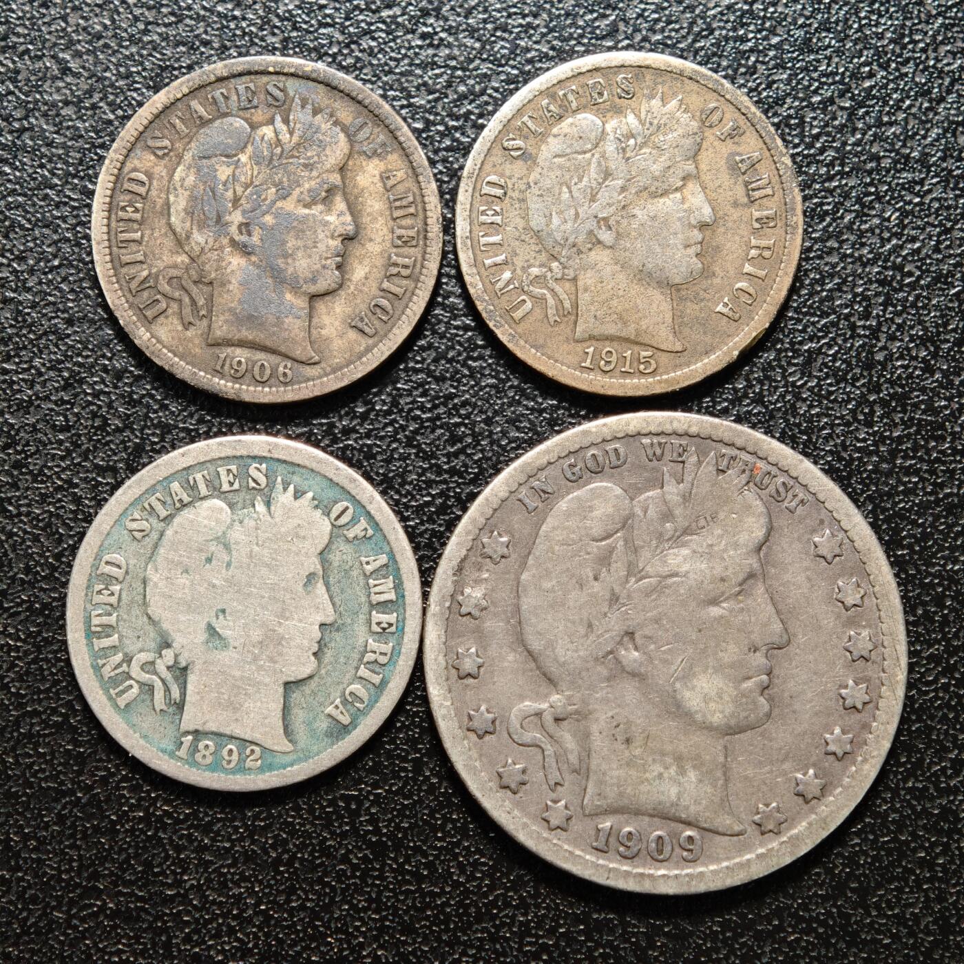 【德藏】世界币章拍卖第154期（拍品征集中~欢迎藏友联系） 4枚一组 美国10分25分银币 直径约：17.7mm/小，24mm/大；重约：2.2g/小，6g/大