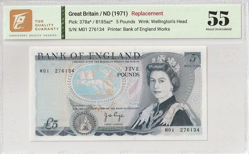 2025十一月第五期，总第203期 英格兰D序列5镑Page签名TQG55分，稀有补号M前缀，青年女王和威灵顿公爵