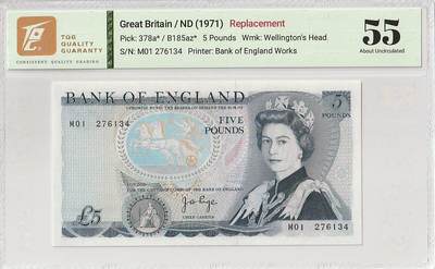 2025十一月第五期，总第203期 - 英格兰D序列5镑Page签名TQG55分，稀有补号M前缀，青年女王和威灵顿公爵