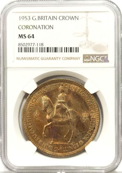 博洋堂世界钱币拍卖第147期（全场包邮） - NGC MS64 英国1953年伊丽莎白二世登基纪念克朗，带彩少见