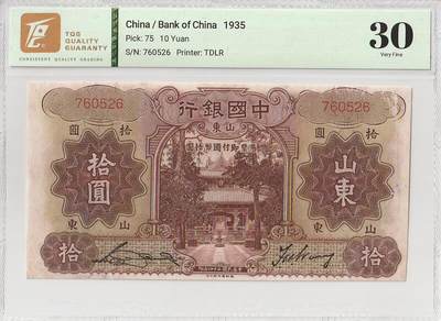 2025十一月第五期，总第203期 - 中国银行1935版拾圆山东地名TQG30分最早的无字轨，孔庙和泰山玉皇顶，少见中高面值