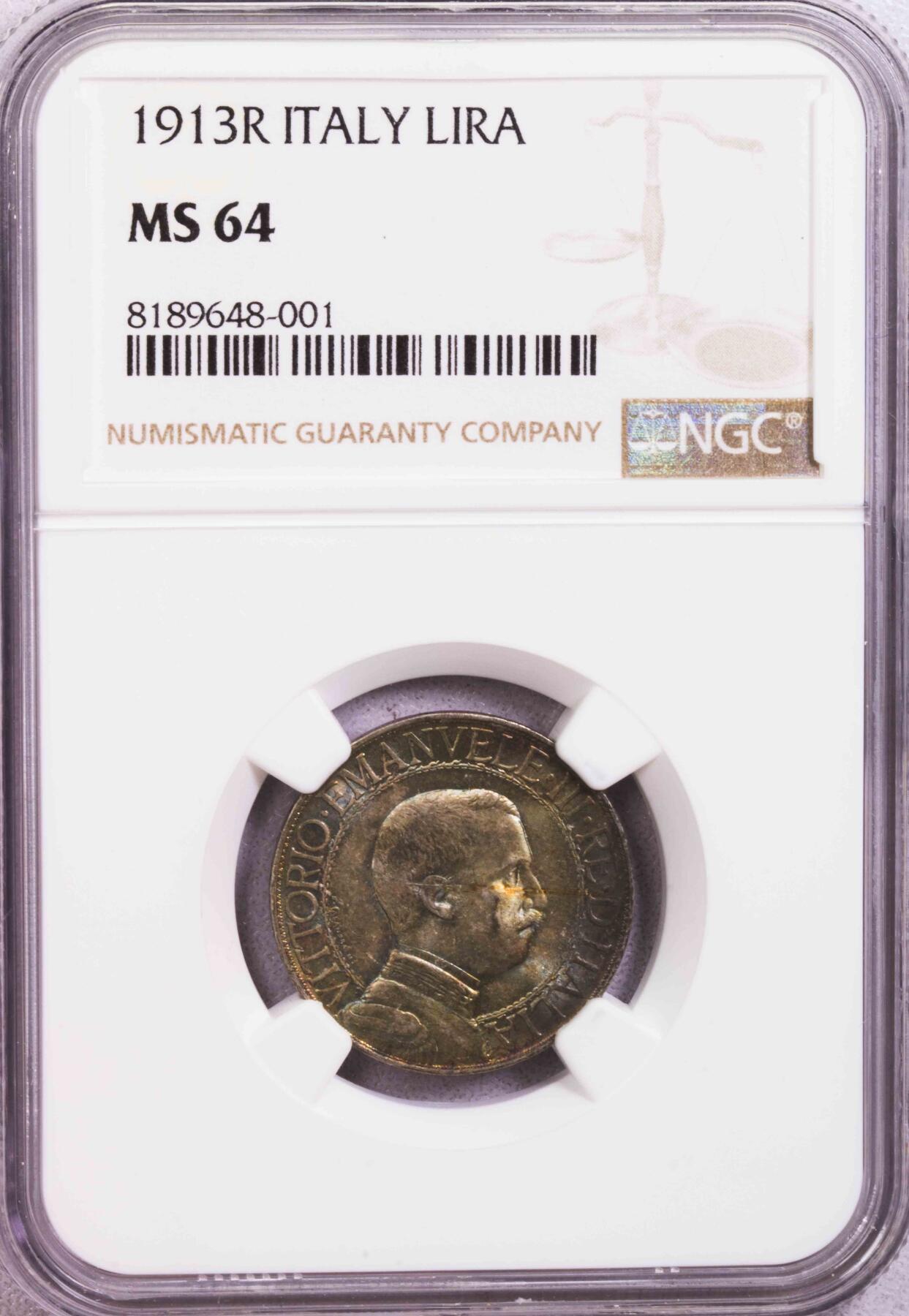 NGC-MS64 1913意大利马车带圈版里拉银币