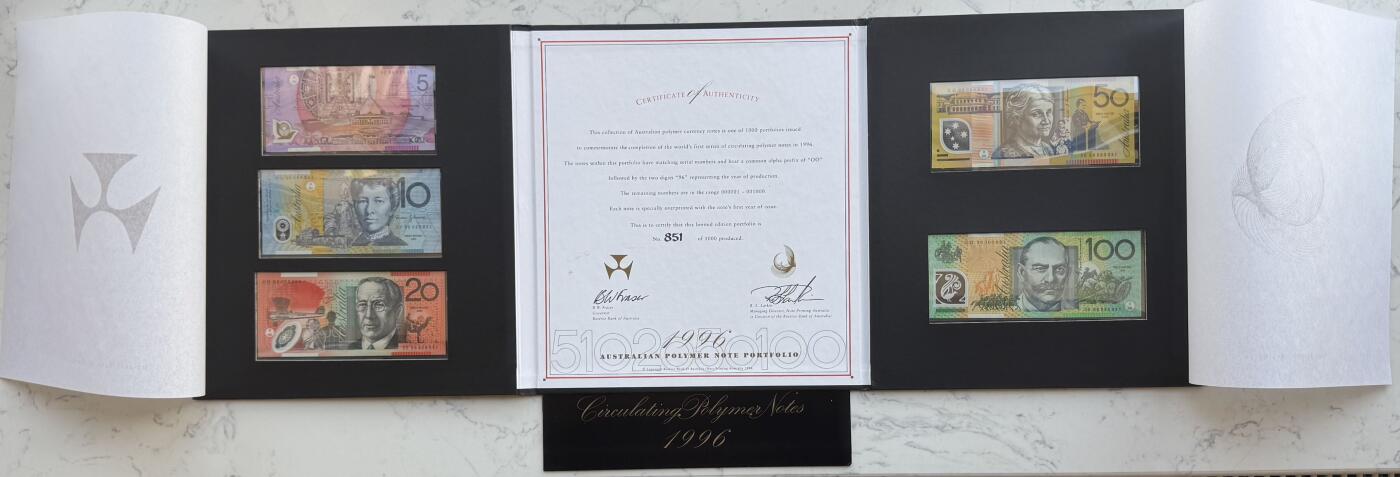 2025第25场（总第225期）：精品测试钞、纪念钞、塑料钞、连体钞综合场 OO96特殊冠 澳大利亚1996年全套塑料钞发行完毕特殊加盖纪念版5-100澳元全套同号册装UNC（第851号）