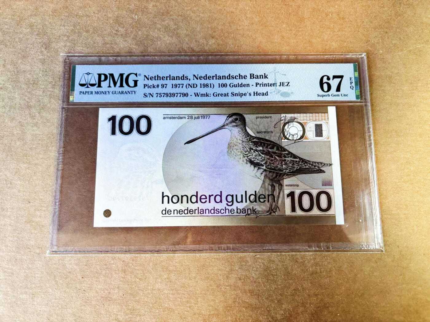 【Blue Auction】世界纸币精拍第753期——18级TOP拍卖/信誉/品质/专业/高效💫  荷兰 1977年100盾 水鸟 PMG67EPQ 