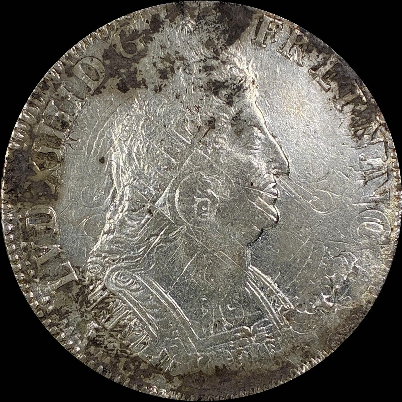 【雨安】【直播拍卖】【世界币章115期-裸币】2025-11-21 周五 19:30 保真 [裸币法国] France 法国 1埃居 KM#0298 (1693-1701) 路易十四 皇冠圆形纹章棕榈枝 1695年