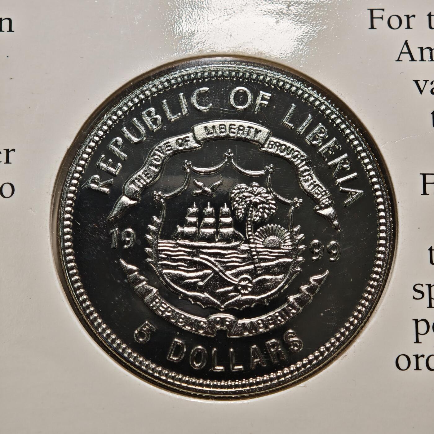 【德藏】世界币章拍卖第154期（拍品征集中~欢迎藏友联系） 1999年 利比里亚纪念美国律师小约翰·菲茨杰拉德·肯尼迪(美国前总统约翰·肯尼迪之子)5元镍币 原册