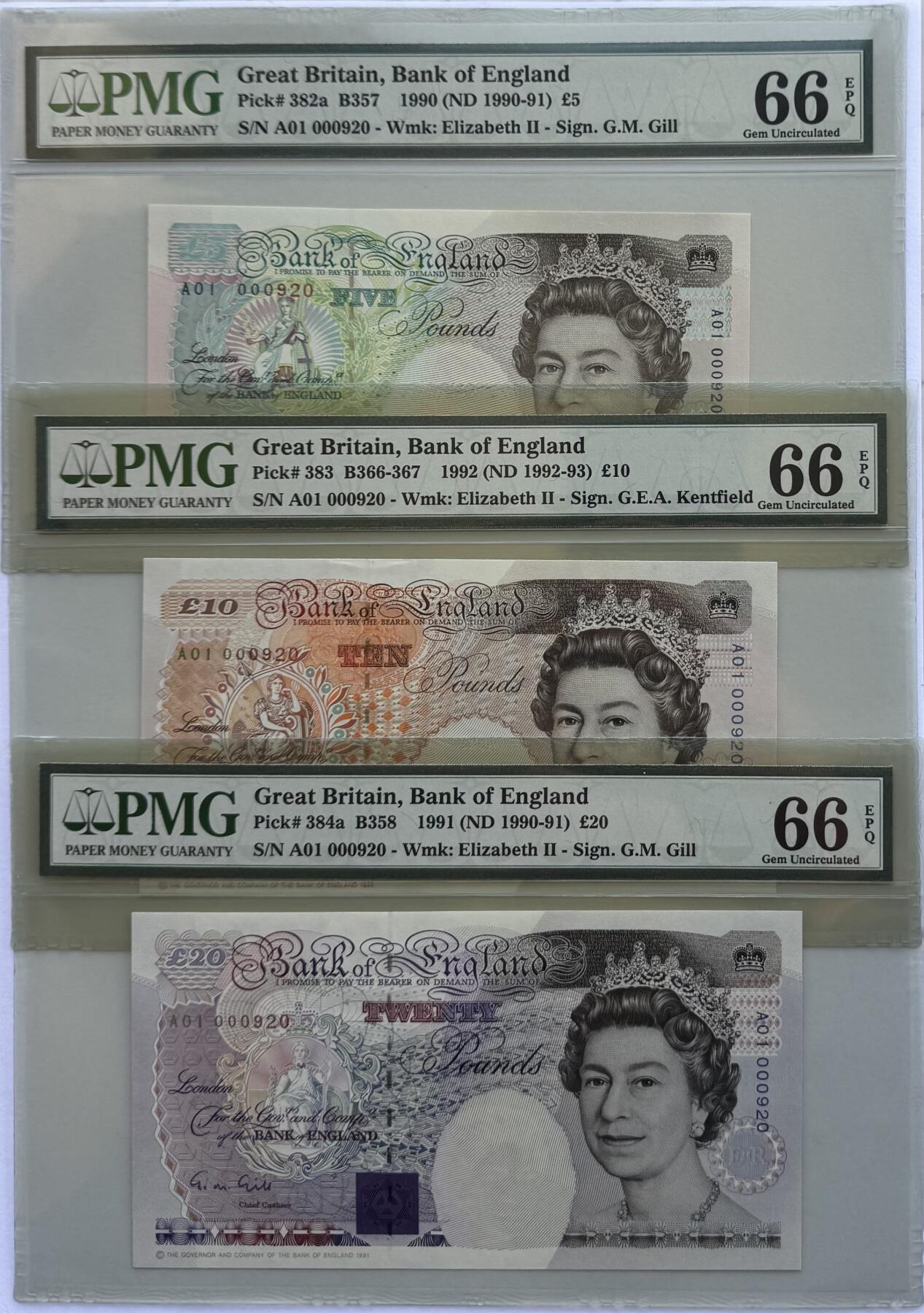 2025第25场（总第225期）：精品测试钞、纪念钞、塑料钞、连体钞综合场 首发百位全同号A01 000920 英国1990首发纪念版5、10、20镑纪念钞同号一组三枚（PMG66）