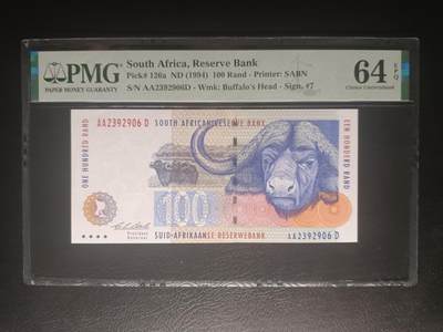 2025十一月第五期，总第203期 - 南非1994版100兰特PMG64epq稀有首冠AA/D无47，非洲野牛和斑马