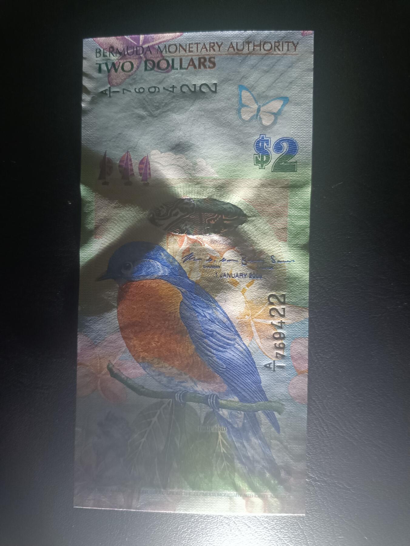 2025十一月第五期，总第203期 百慕大2009版2元实发钞UNC首冠A/1，蓝鸟和杜克港造船厂的钟楼，褶皱和开窗上的细丝是印钞正常工艺，介意勿参拍