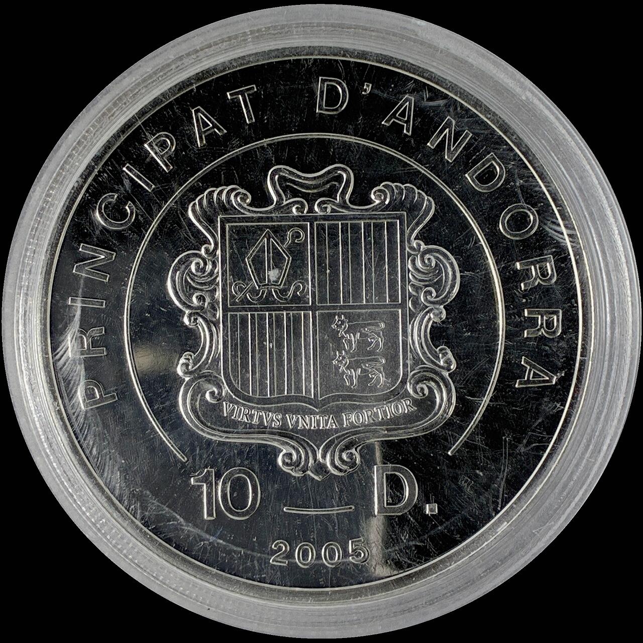 【雨安】【直播拍卖】【世界币章115期-裸币】2025-11-21 周五 19:30 保真 [现代钱币] Andorra 安道尔 10第纳尔 2005年 教皇本笃十六世 彩银镶嵌银币