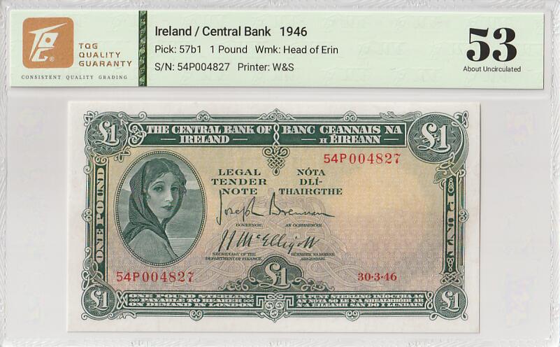 2025十一月第五期，总第203期 爱尔兰1946年1镑TQG53分千位号4827，早期下方有英爱两国货币互换协议的版本，爱尔兰人格化象征“拉维利夫人”