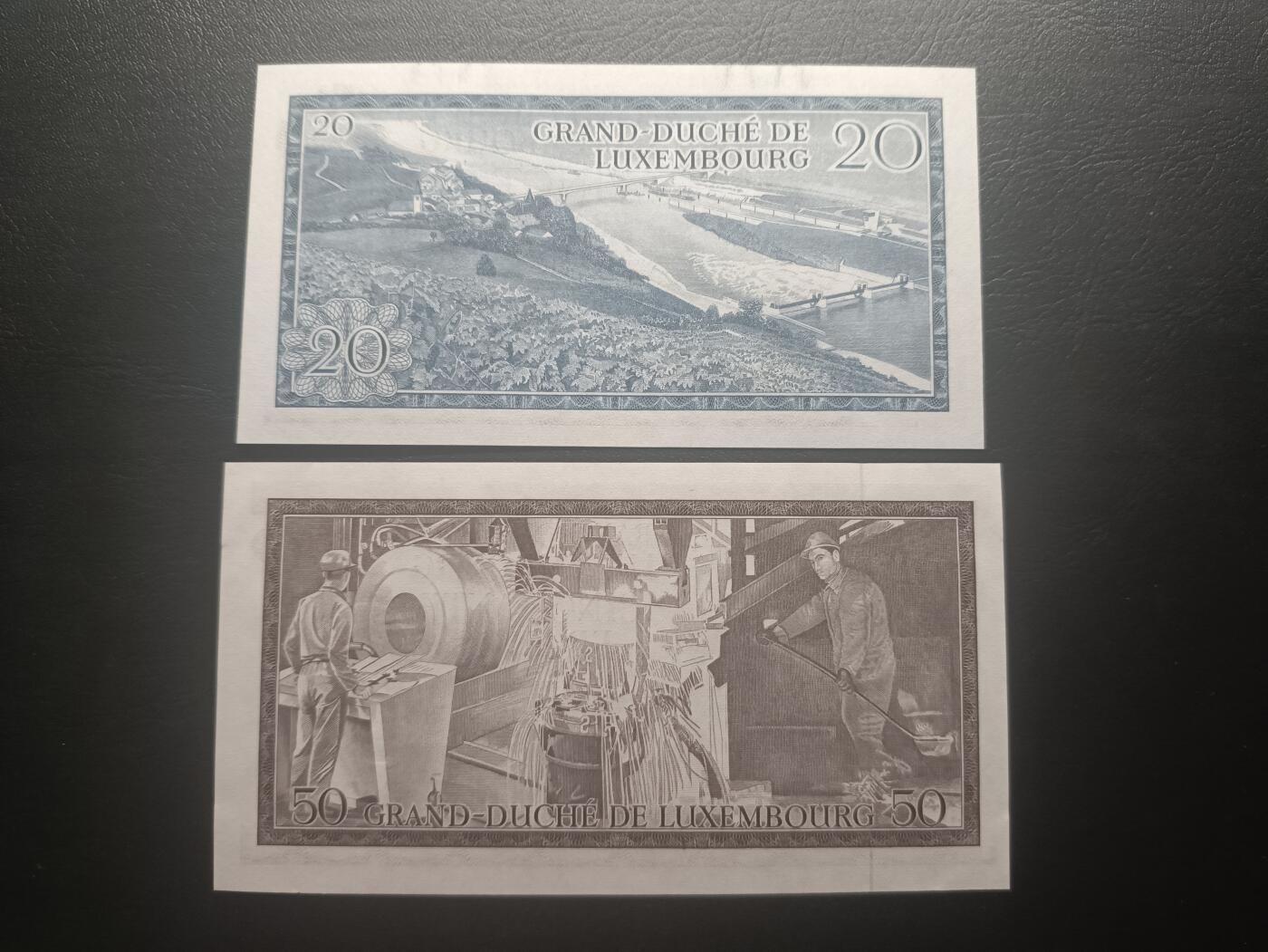 2025十一月第五期，总第203期 【地】卢森堡1972版20+50法郎UNC—UNC-，让大公和桥梁/炼钢