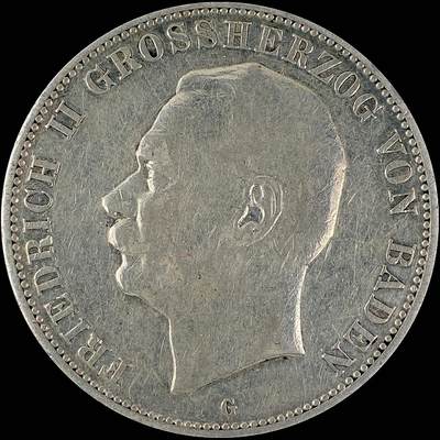 【雨安】【直播拍卖】【世界币章115期-裸币】2025-11-21 周五 19:30 保真 - [裸币德国] Germany 德国 帝国 巴登 5马克 弗里德里希二世 1908年