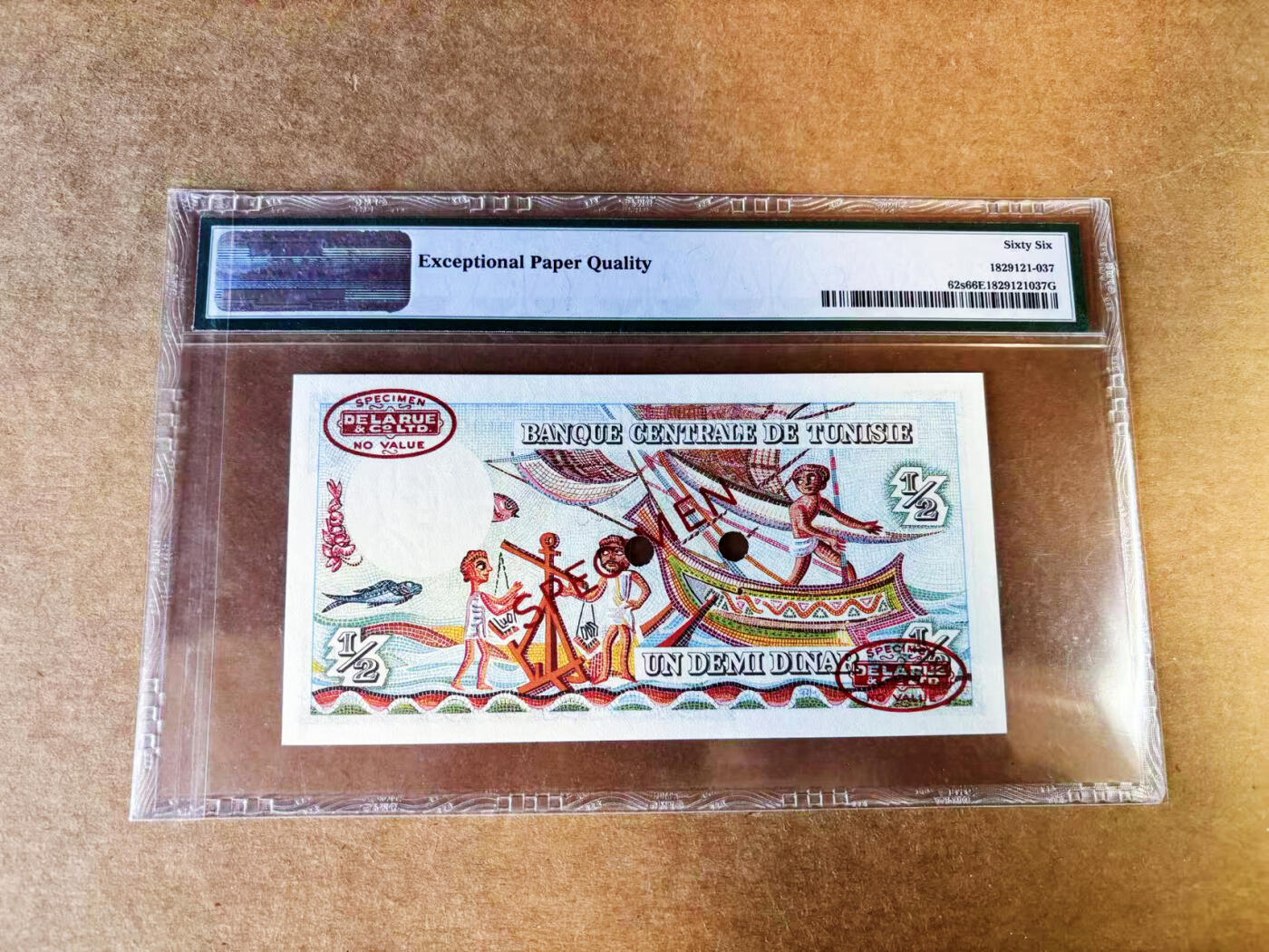 【Blue Auction】世界纸币精拍第753期——18级TOP拍卖/信誉/品质/专业/高效💫 【样钞】突尼斯 经典彩背1965年 1/2第纳尔 PMG66EPQ 腓尼基商人 老壳