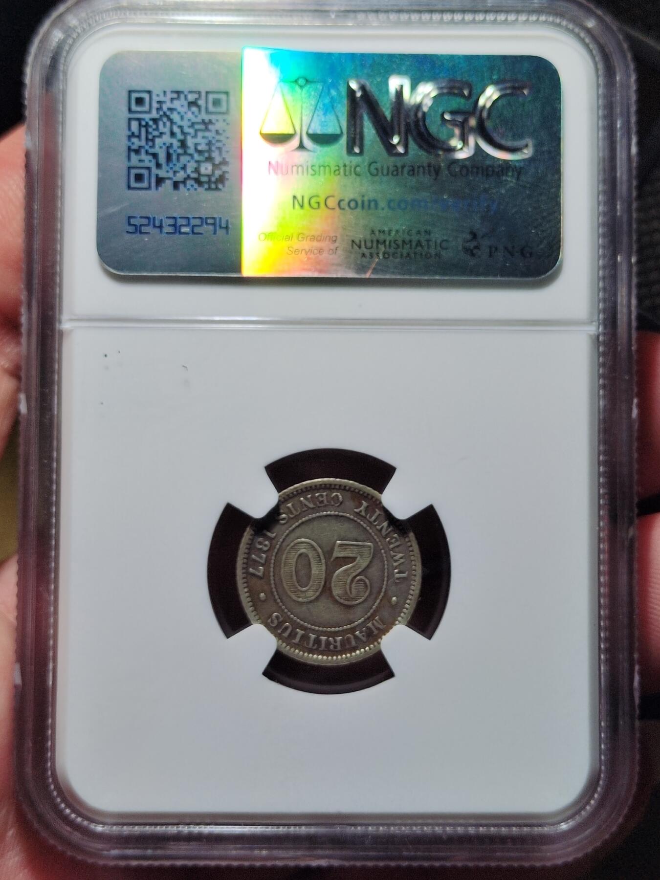 中外钱币第五场 NGC-XF45毛里求斯1877H版20分