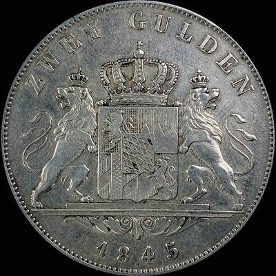 【雨安】【直播拍卖】【世界币章115期-裸币】2025-11-21 周五 19:30 保真 - [裸币德国] Germany 德国 德意志 2盾 Bavaria巴伐利亚 Thun.089 KM#0819 (1845-1848) 路德维希一世.双狮 1845年