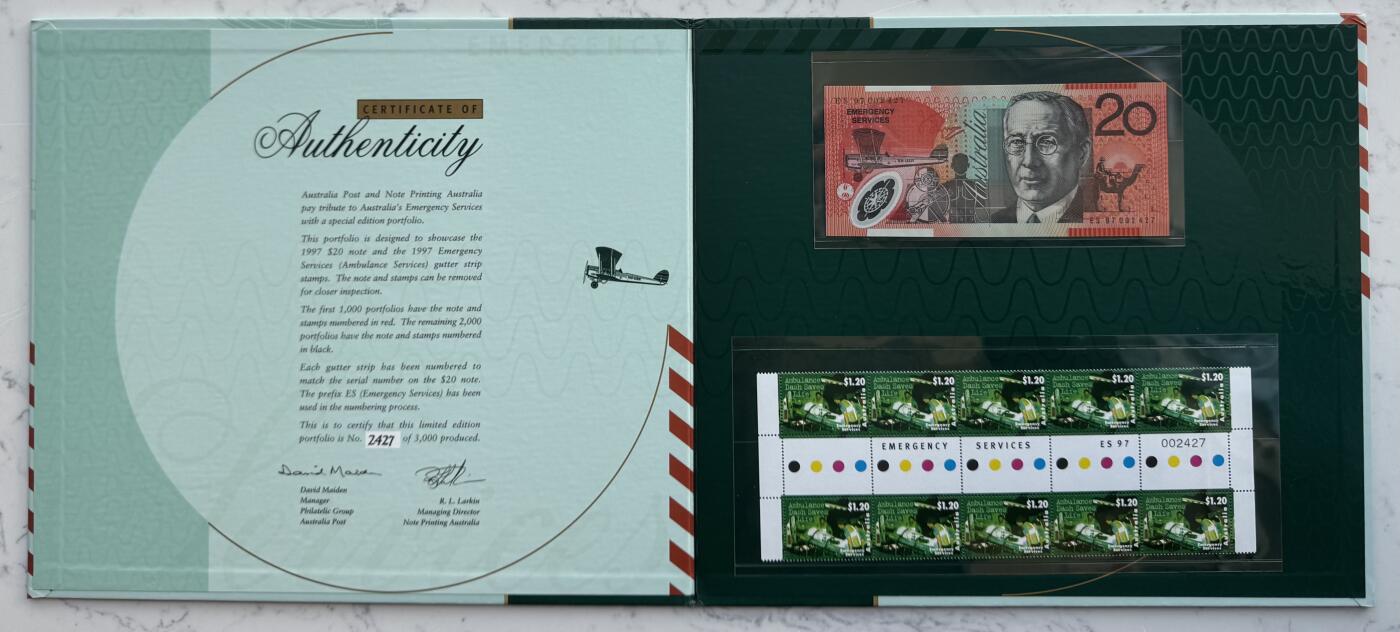2025第25场（总第225期）：精品测试钞、纪念钞、塑料钞、连体钞综合场 黑字版/ES97冠 澳大利亚“皇家紧急救援服务”20澳元特殊加盖塑料纪念钞册装UNC（第2427号）