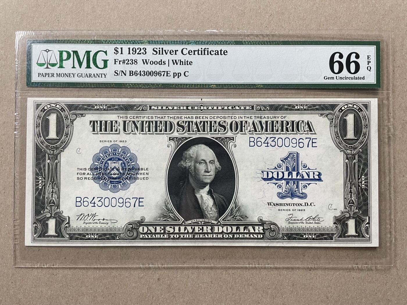 美国1923年白银券1元 Fr238稀少版别 PMG66EPQ
