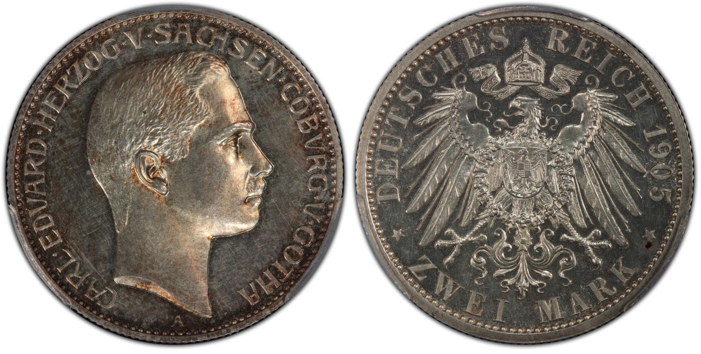 PCGS-PR63CAM 1905萨克森科堡哥萨2马克银币PF 稀有小邦