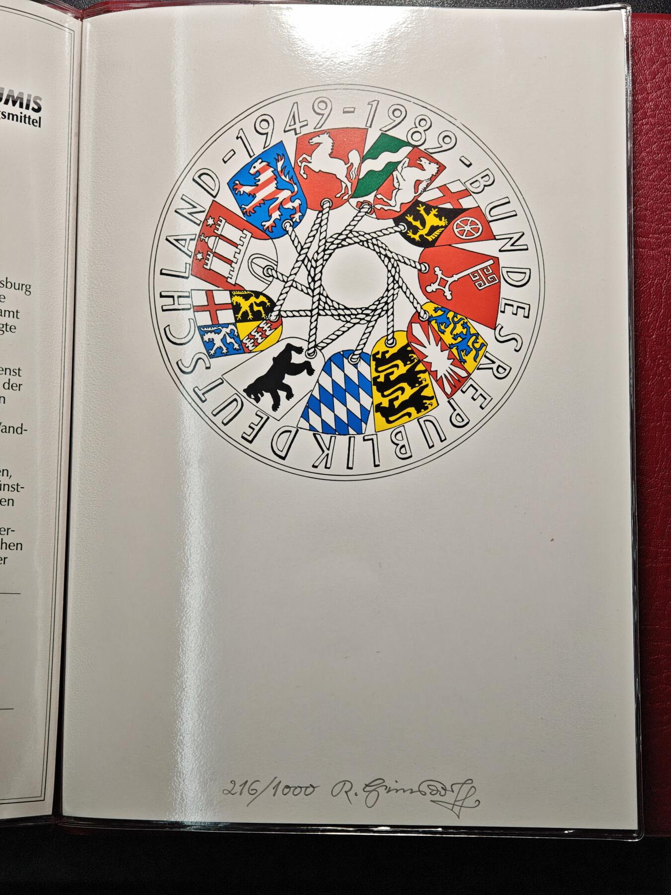 【德藏】世界币章拍卖第154期（拍品征集中~欢迎藏友联系） 1989年 德意志联邦成立40周年钱币铸造档案样币纪念册 带设计师亲笔签名