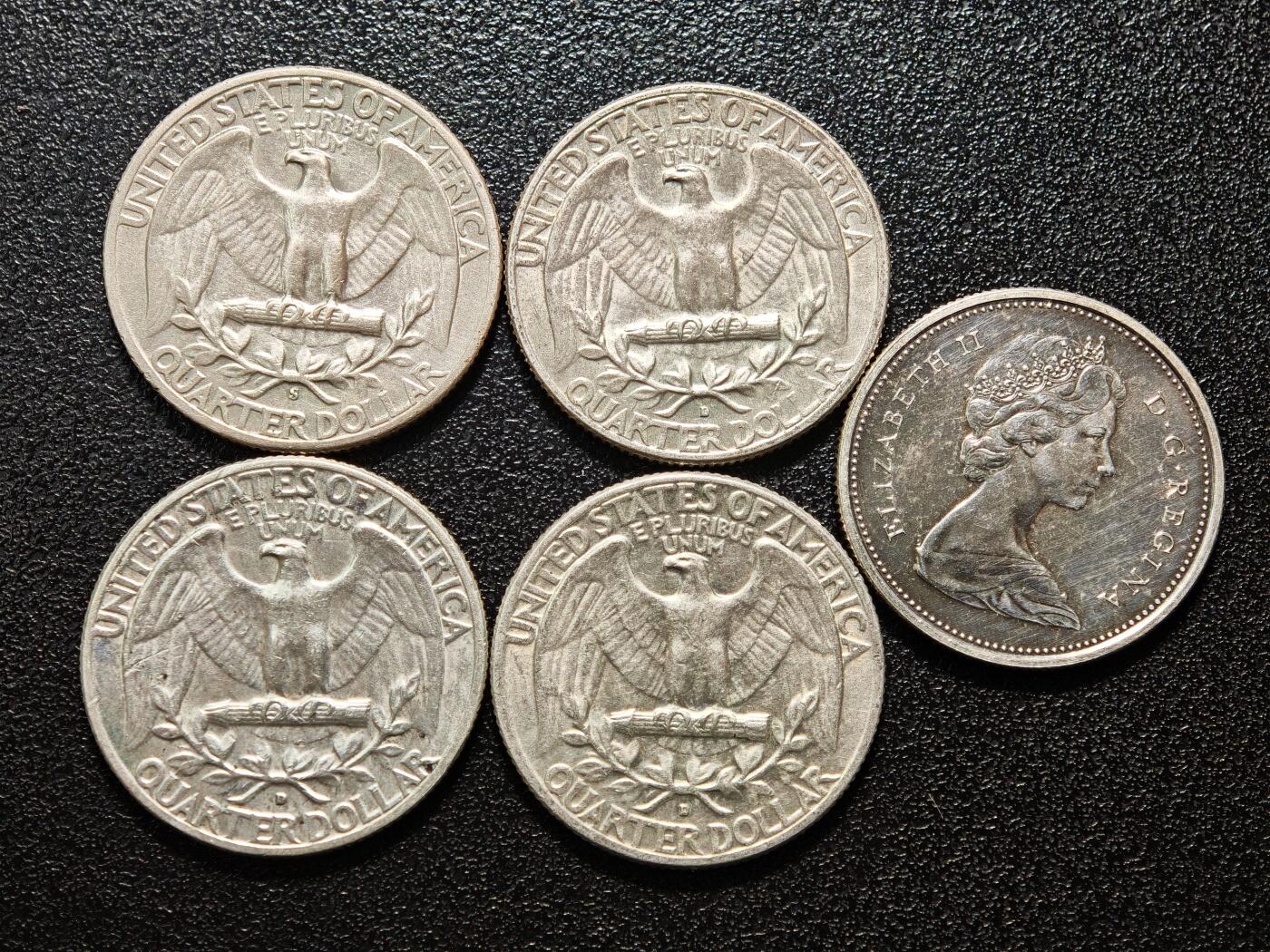 【德藏】世界币章拍卖第154期（拍品征集中~欢迎藏友联系） 5枚一组 美国及加拿大25分银币 直径约：24.1mm/美，23.7mm/加；重约：6.3g/美，5.8g/加