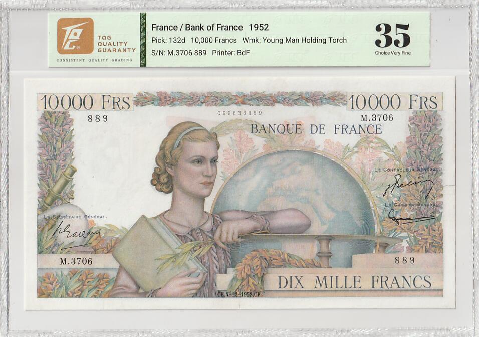 2025十一月第五期，总第203期 法国1952年10000法郎TQG35分，经典的大票幅大地球设计，体现了战后法国依旧想维持全球殖民帝国的迷梦，但风起云涌的殖民地独立运动击碎了这一切，即是讽刺但也造就了作为这一版本最大面值的经典品种