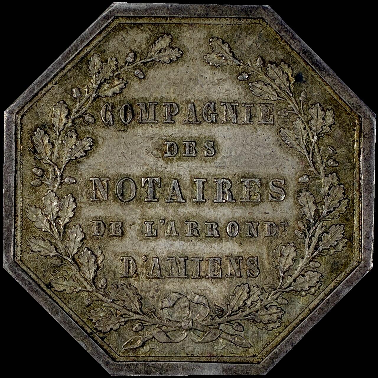 【雨安】【直播拍卖】【世界币章115期-裸币】2025-11-21 周五 19:30 保真 [章] France 章 法国 八角 1854年 亚眠市 公证人协会 八角银章 UNC 15.7克