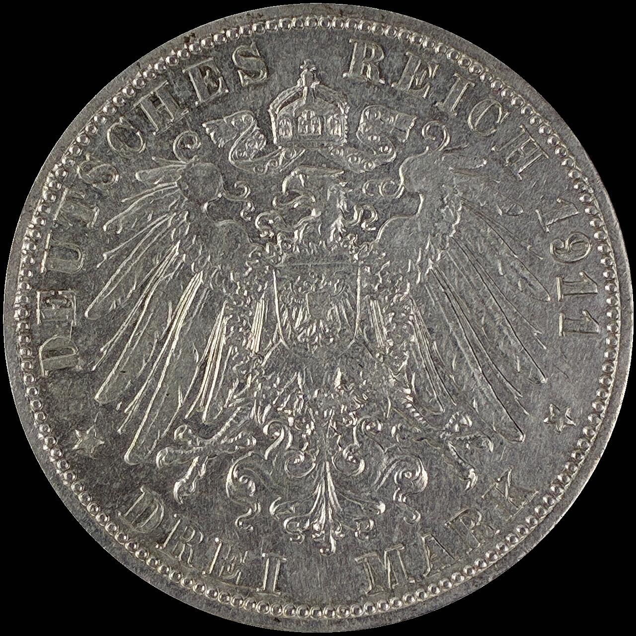 【雨安】【直播拍卖】【世界币章115期-裸币】2025-11-21 周五 19:30 保真 [裸币德国] Germany 德国 帝国 普鲁士 3马克 (1908-1912) 威廉二世 1911年